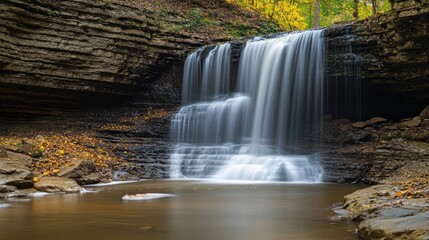 Obraz premium Scenic waterfall cascading over rock formations in a tranquil forested park during autumn foliage