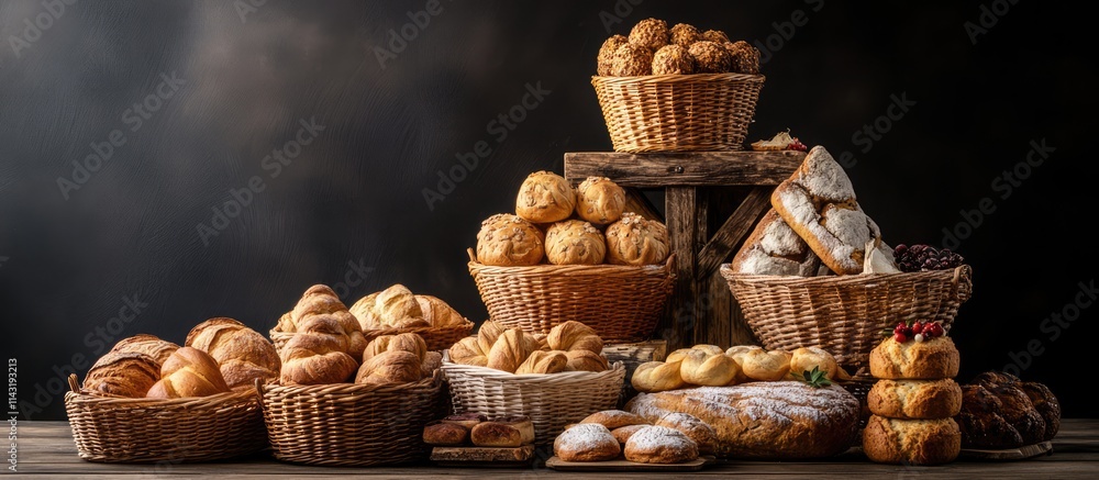 Poster Assorted freshly baked goods in rustic baskets stacked on a wooden table creating a warm festive atmosphere against a dark background