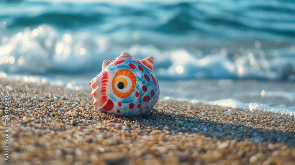 Poster colorful clown shell resting on sandy beach with soft ocean waves and blurred seascape in background