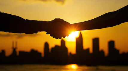 A business handshake captured at golden hour with a city skyline in the background, symbolizing partnership, success, and collaboration in a professional setting.