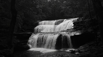 Fototapeta premium Serene Waterfall Cascading Through Lush Forest in Black and White at Falls State Park Natural Landscape Scene