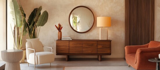 Modern elegant living room design with wooden console stylish mirror inviting floor lamp and greenery for home decor inspiration