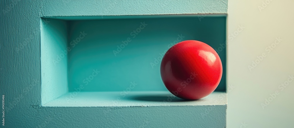 Poster red sphere positioned inside a rectangular turquoise shelf against a minimalist background creating 