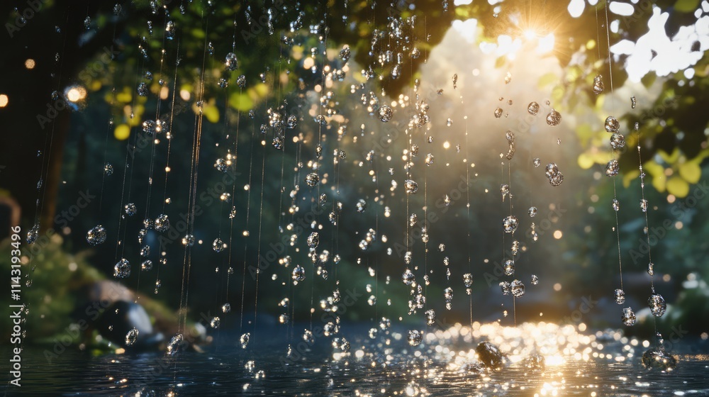 Poster glittering water droplets cascading in sunlight with a serene nature backdrop and sparkling reflecti