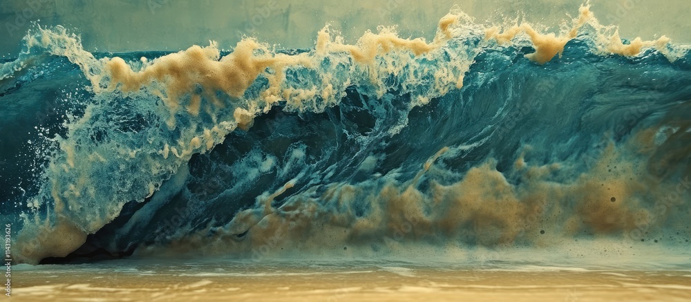 Poster ocean waves crashing on sandy beach creating foam with a blend of colors and textures in a captivati