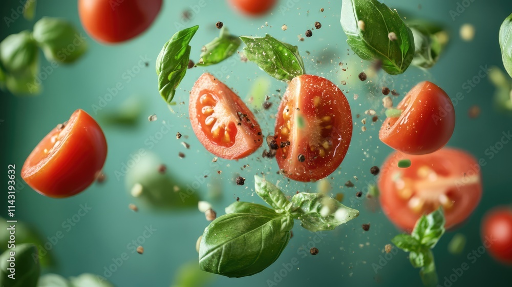 Poster flying tomatoes and basil leaves with spices creating a fresh salad on a vibrant background showcasi