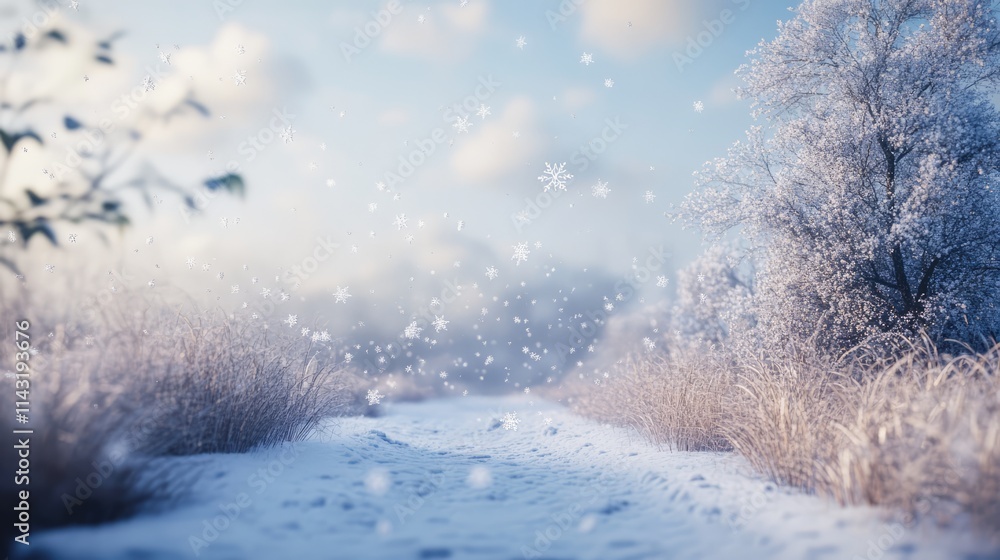 Aufkleber winter landscape with gently falling snowflakes creating a serene and tranquil atmosphere in a snowy