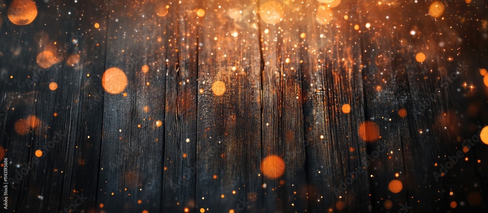 Poster festive background banner template featuring orange bokeh lights and sparkles on a dark wooden textu