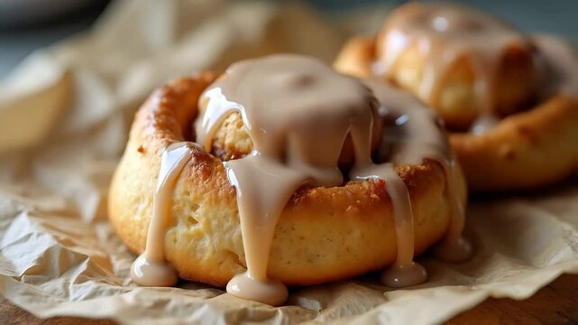 Hot fresh sweet homemade cinnamon rolls or buns pastries covered sugar powder and sweet cream. Cozy autumn or winter desert. Bakery for Thanksgiving party