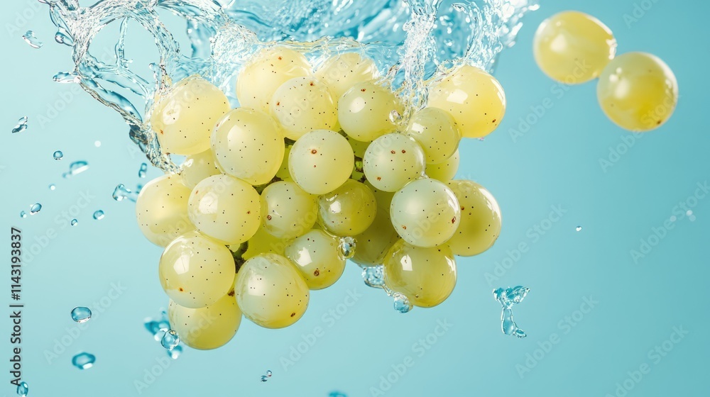 Poster falling fresh white grapes splashing in clear water creating a vibrant and refreshing visual on a bl