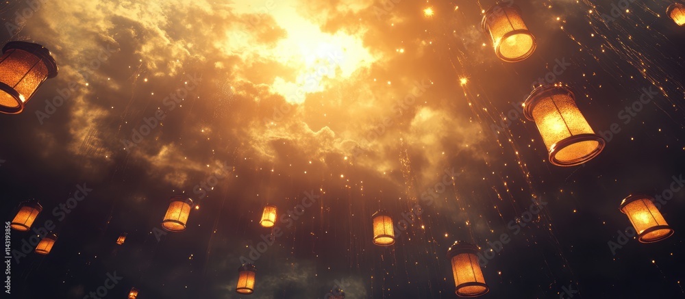 Poster Sunset glow with glowing lanterns cascading through dark clouds creating a serene and enchanting atmosphere in the evening sky.
