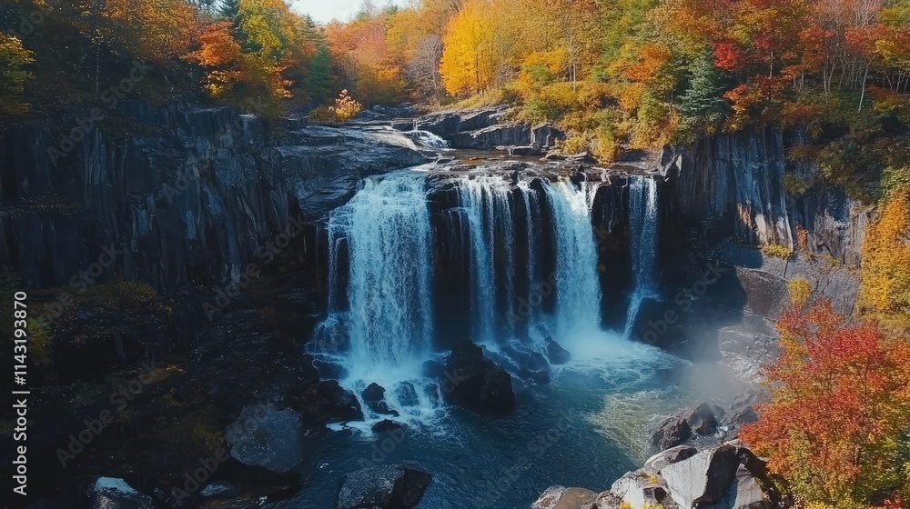 Aufkleber autumn waterfall cascading over black metamorphic rocks surrounded by vibrant forest colors illumina