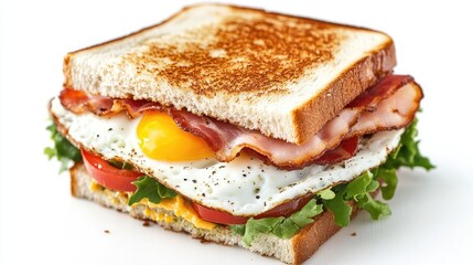 Delicious club sandwich stacked with fried egg ham crispy bacon lettuce and tomatoes perfect for gatherings and party platters