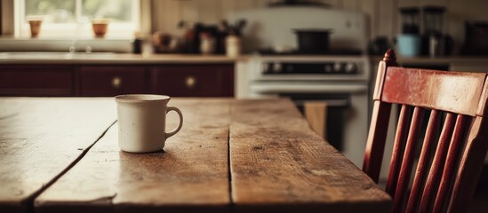 Cozy coffee cup on a rustic kitchen table inviting warmth and comfort in morning routines and intimate gatherings