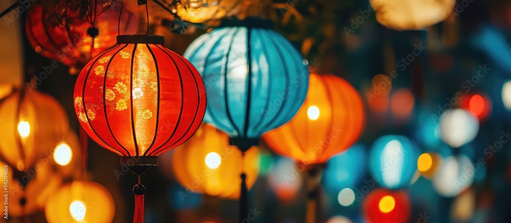 Poster vibrant chinese lanterns illuminated at a festive celebration creating a beautiful and colorful atmo