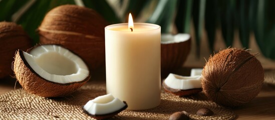 Coconut scented white pillar candle surrounded by coconuts enhancing a calming and uplifting home atmosphere