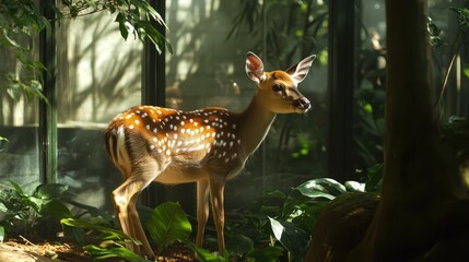 Fallow deer in a lush green habitat surrounded by natural light and foliage creating a serene wildlife atmosphere