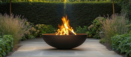 Flames dancing in a modern outdoor brazier surrounded by lush greenery and serene garden setting at dusk