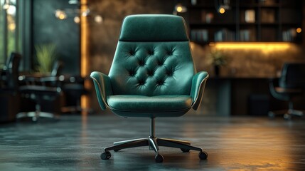 Vacant position green office chair in modern workspace with black chairs and stylish decor ideal for job recruitment and advertising design