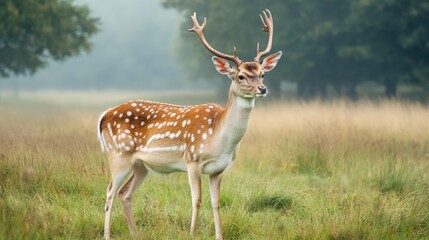 Fototapeta premium Fallow deer standing in a misty field at dawn showcasing stunning antlers and a serene natural landscape.