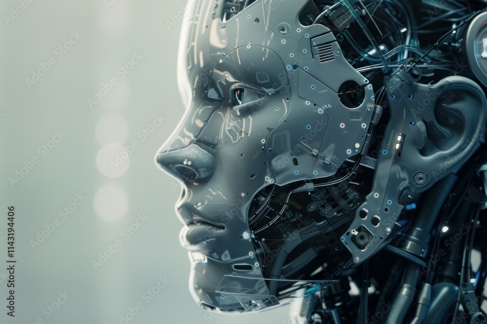Poster robot showing human like features looking futuristic with a transparent skull