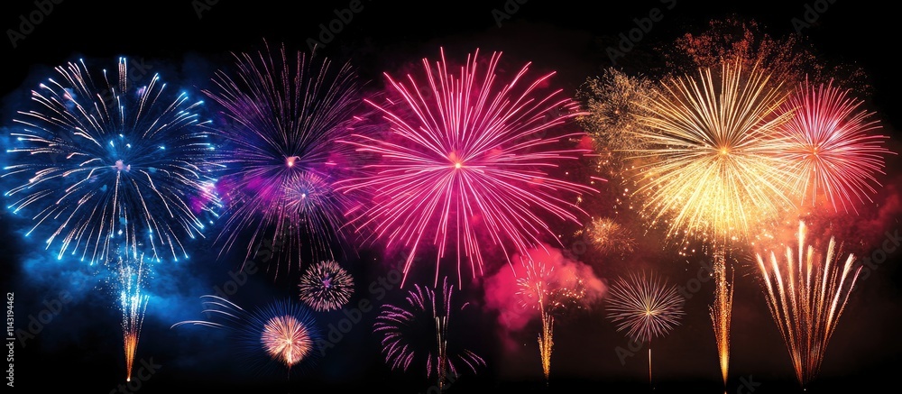 Poster colorful fireworks display illuminating the night sky over a serene river creating a festive and vib
