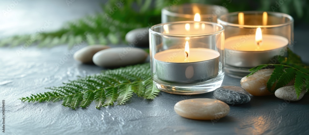 Poster tranquil arrangement of candle holders smooth stones and fern leaves on a grey table creating a sere