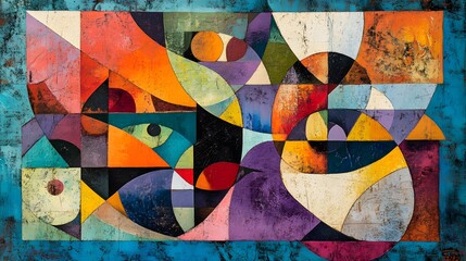 Fototapeta premium Abstract colorful geometric shapes layered over a textured background, creating a vibrant and dynamic composition