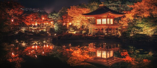 Autumn Night Festival with Colorful Fireworks and Illuminated Traditional Japanese Pavilion Reflected in Calm Water
