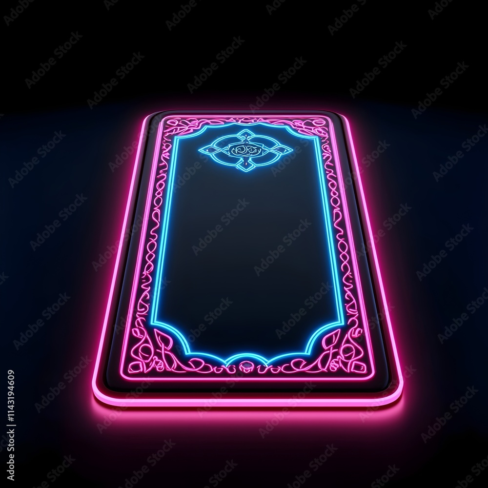 Poster neon glowing card design with intricate border and mystical elements