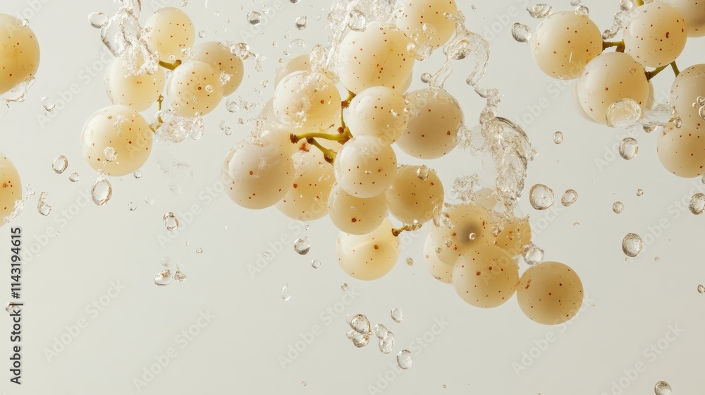 Poster falling white grapes with water splash isolated on white background creating a fresh and vibrant foo
