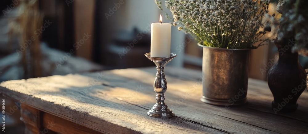 Poster silver candlestick on rustic wooden table creating a warm and inviting atmosphere in a cozy home int