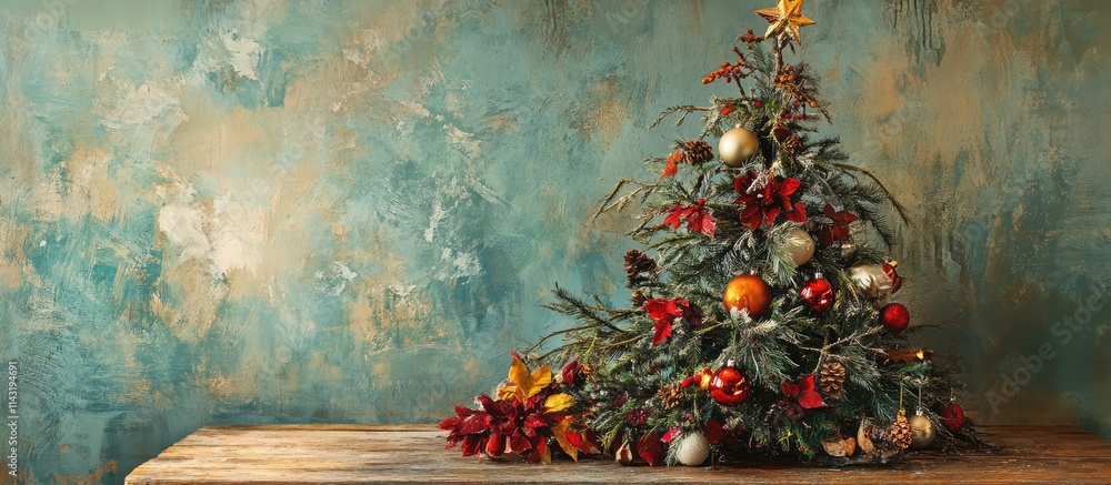 Poster festive christmas tree arrangement with decorations set on a rustic wooden table against a textured 