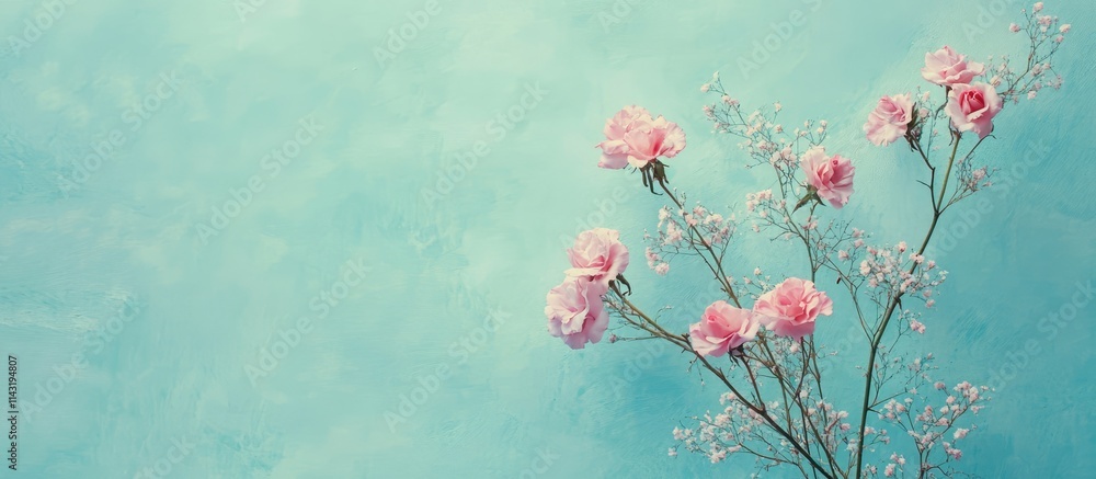 Poster pink roses arrangement on a blue background for a minimalist postcard design with empty space for te