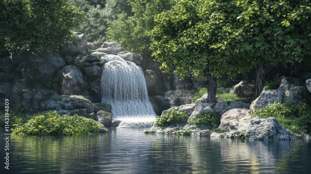 Aufkleber serene waterfall cascading into tranquil pond surrounded by lush greenery and rocks in a peaceful na