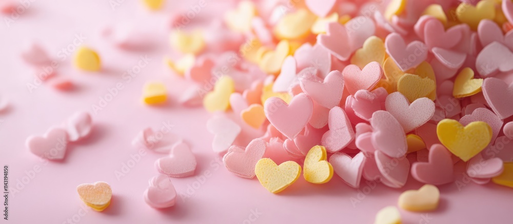 Poster colorful heart-shaped candies scattered on a soft pink background with ample copy space ideal for va