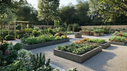 Fototapeta premium Serene Allotment Garden with Raised Beds for Relaxation and Plant Growth in a Lush Green Setting