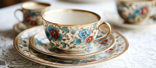 Fototapeta premium Antique tableware set featuring intricate floral patterns ideal for sophisticated dining experiences and elegant occasions