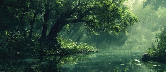 Obraz premium Lush forest landscape reflecting in a tranquil lake surrounded by vibrant green foliage and dappled sunlight filtering through the trees.