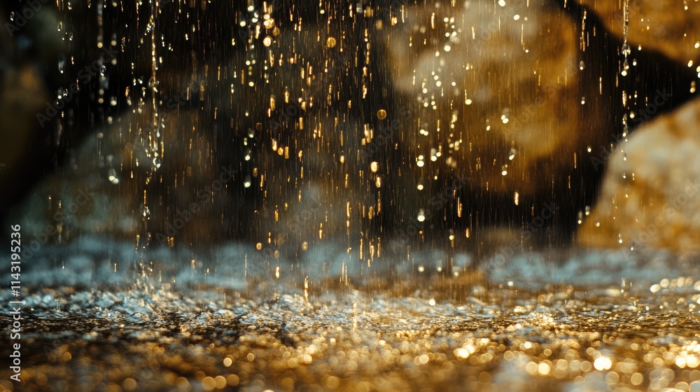 Poster glistening water droplets falling over smooth rocks creating a serene natural landscape with sparkli