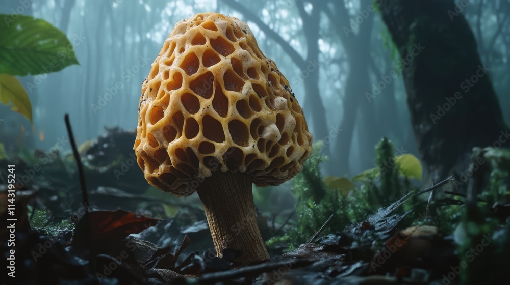 Poster false morel mushroom in a misty forest setting showcasing unique texture and natural beauty of fungi
