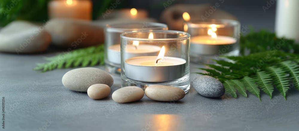 Poster tranquil candle arrangement with smooth stones and fern leaves on a grey table creating a serene and