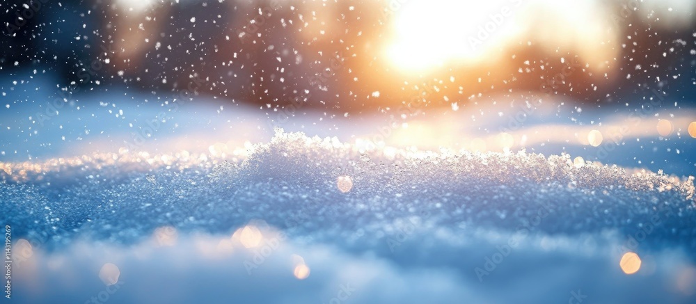 Poster closeup of glistening white snow with soft sunlight and bokeh background creating a serene winter at