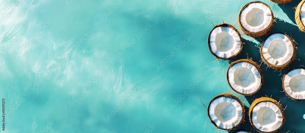 Poster ripe coconuts on a vibrant blue background in a minimalist flat lay style perfect for summer concept