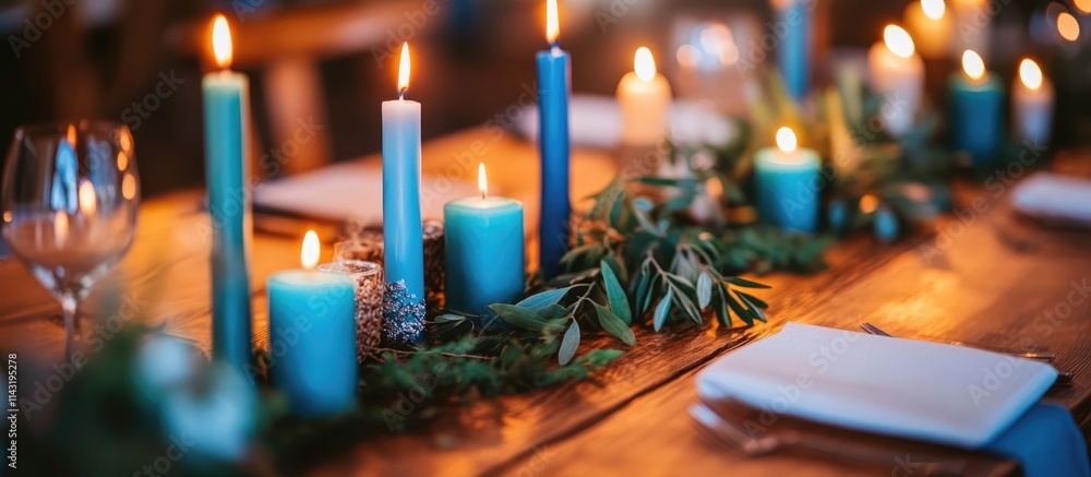 Poster cozy table setting with blue and green candles and rustic decor creating an inviting atmosphere for 