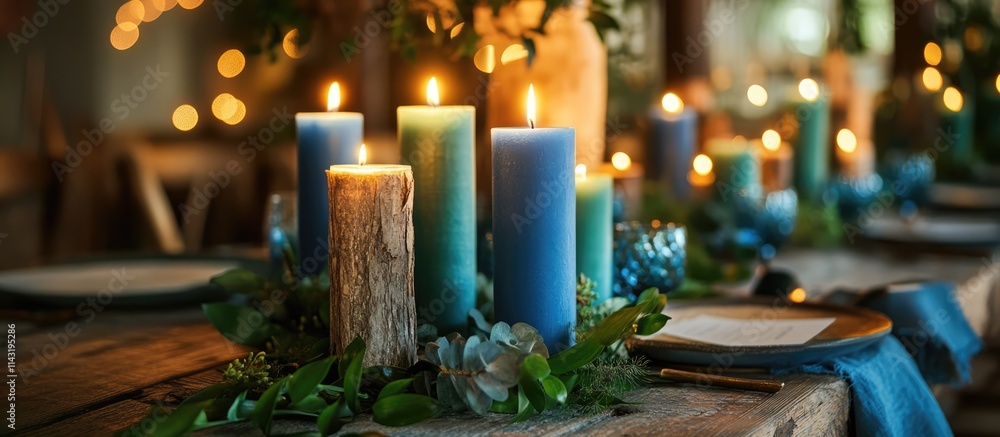 Poster elegant rustic table setting with blue and green candles creating a cozy inviting atmosphere for gat