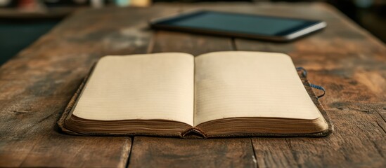 Clock and open notebook on rustic wooden table creating a cozy workspace with a blurred tablet in the background for productivity theme