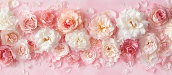 Feminine floral backdrop with pink rose flowers and petals on soft pink background ideal for springtime text overlay design.