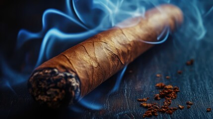 Cigarillo with smoke on dark background showcasing a close-up view of premium tobacco leaves and rich textures