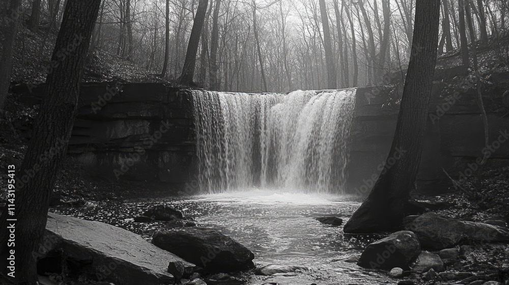 Poster Serene monochrome waterfall cascading through a tranquil forest landscape creating a misty atmosphere in a peaceful natural setting